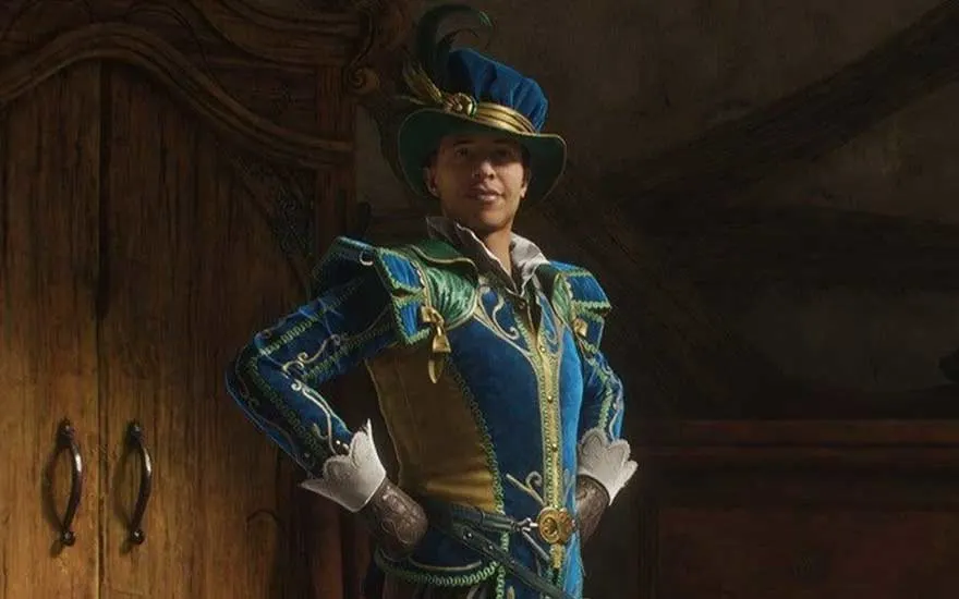 A confident figure in ornate blue and green Renaissance-style clothing, hands on hips, posing proudly in a rustic wooden room with wardrobe.