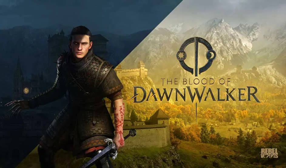 Een poster toont links een geharnaste held met bebloede zwaard, rechts een berglandschap en het logo “The Blood of Dawnwalker”.