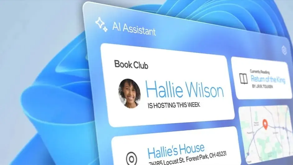 Een blauw AI-assistent venster toont een boekenclub met Hallie Wilson als host, 'Return of the King', en een kaart van Hallie's huis.