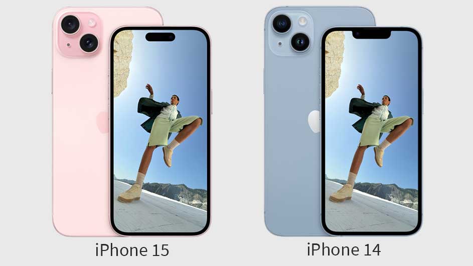 Deux smartphones : un rose (iPhone 15) et un bleu (iPhone 14), affichant une personne sur un fond de ciel bleu et de montagnes.