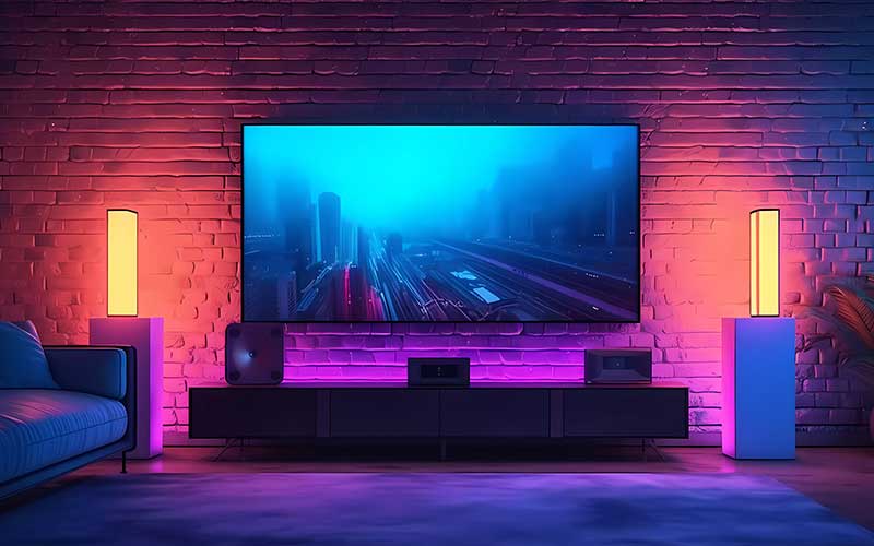 Salon éclairé avec TV, mur en briques, meuble TV noir, et éclairage rose/orange.