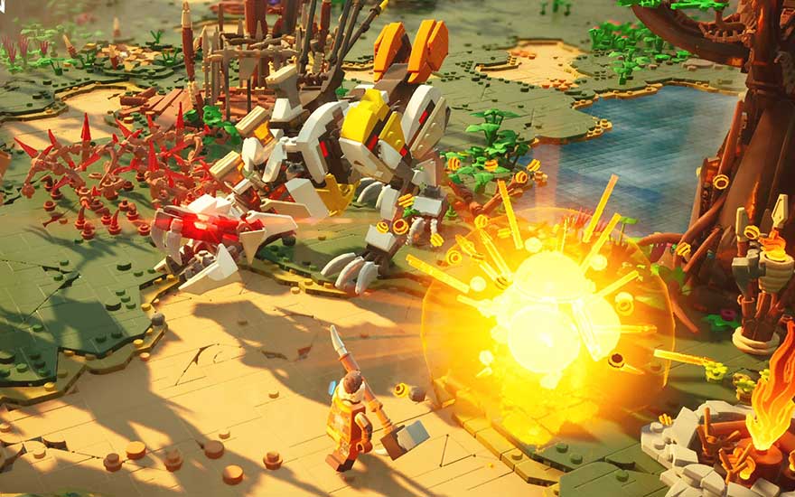 In a LEGO world, a character battles a robotic creature as an explosion lights up the area near a pond