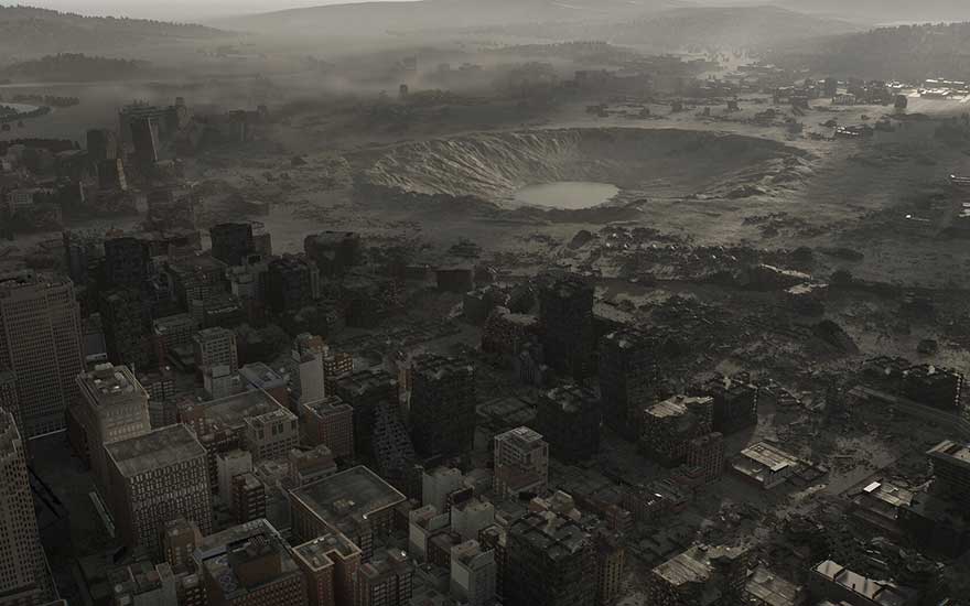 Een verwoeste stad met een gigantische krater op de achtergrond, puin en verlaten gebouwen domineren het apocalyptische landschap.