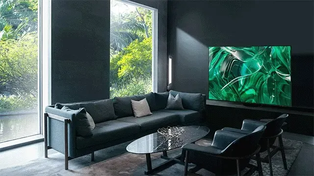Een woonkamer met een grijze zetel, een glazen tafel, twee stoelen en een grote tv met een groen scherm. Buiten zijn bomen zichtbaar.