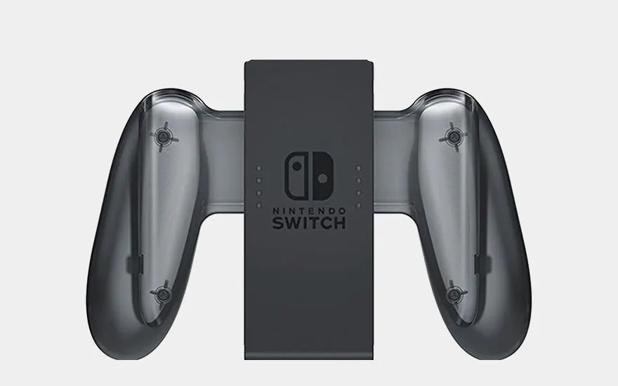 Een zwarte Nintendo Switch Joy-Con Grip met transparante handgrepen ligt klaar om Joy-Cons vast te houden.