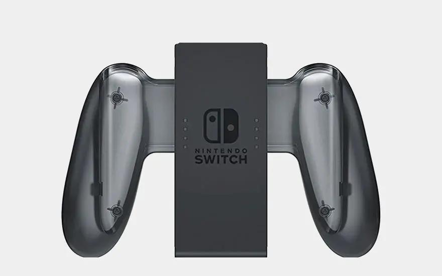 Een zwarte Nintendo Switch Joy-Con Grip met transparante handgrepen ligt klaar om Joy-Cons vast te houden.