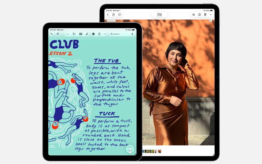 Deux iPad présentent des usages créatifs : des illustrations manuscrites à gauche et un portrait retouché numériquement à droite.