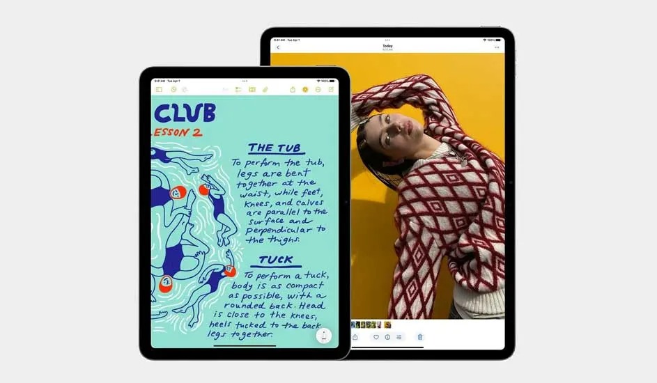 Two tablets display screens; one shows a drawing tutorial, the other a yellow backdrop with a person in diamond-patterned clothing.