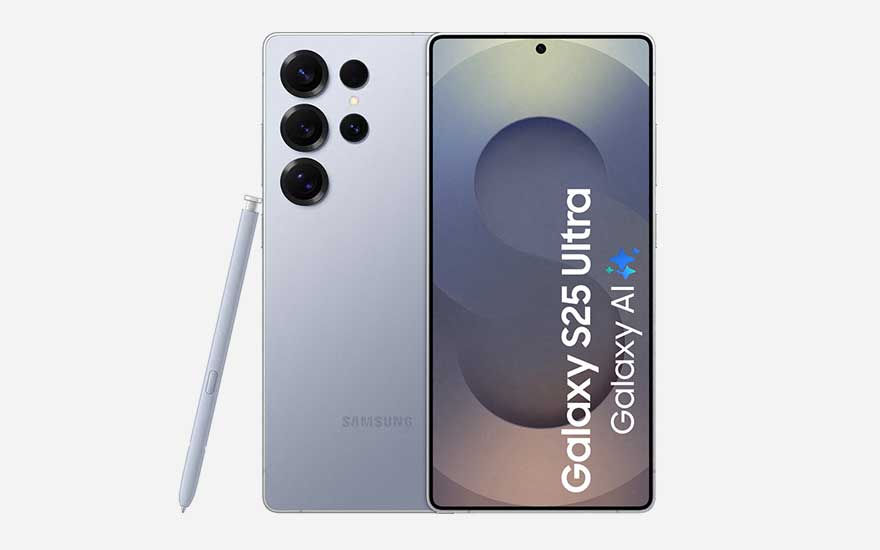 Light grey Samsung Galaxy S25 Ultra with quad camera, S Pen stylus and gradient display on light background.