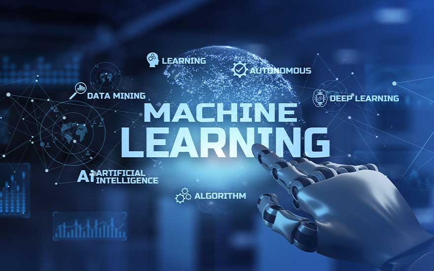 Image bleue avec texte 'Machine Learning', icônes et une main robotique en métal. Intelligence artificielle et algorithmes.