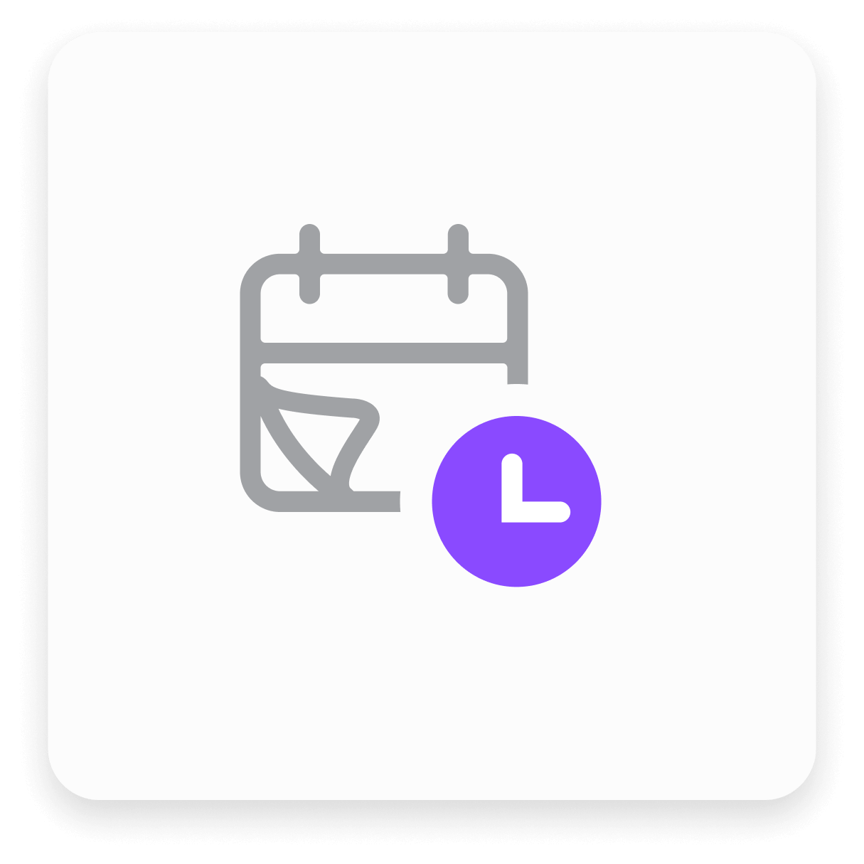 Calendrier gris avec une horloge violette sur un fond blanc arrondi.
