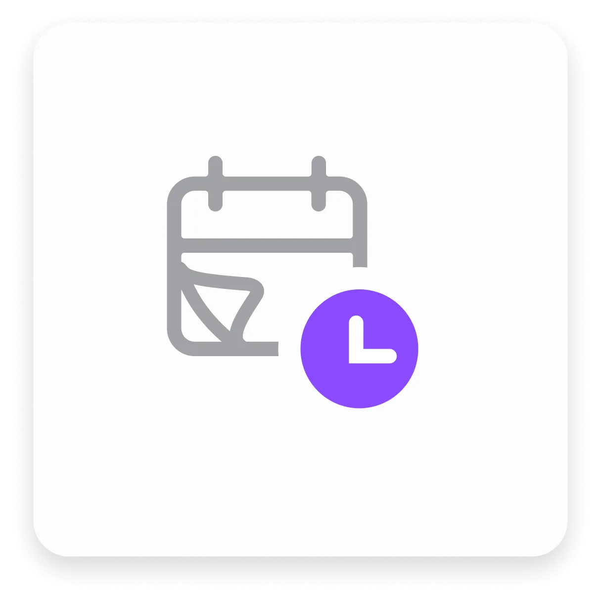 Calendrier gris avec une horloge violette sur un fond blanc arrondi.