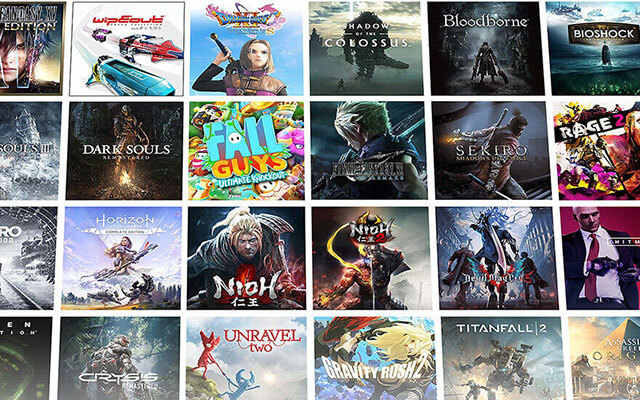 Une collection de couvertures de jeux vidéo, présentant divers titres avec différents personnages et environnements.