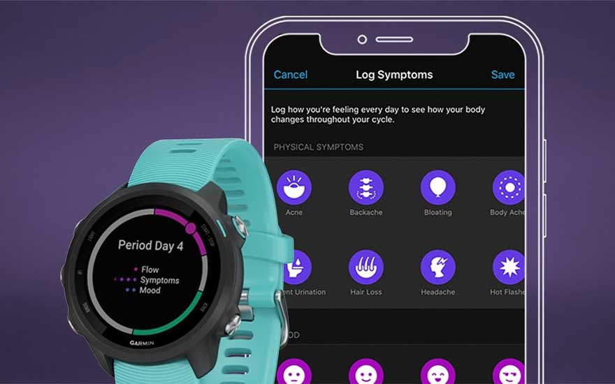 Montre turquoise affichant le jour du cycle et application de suivi des symptômes sur téléphone.