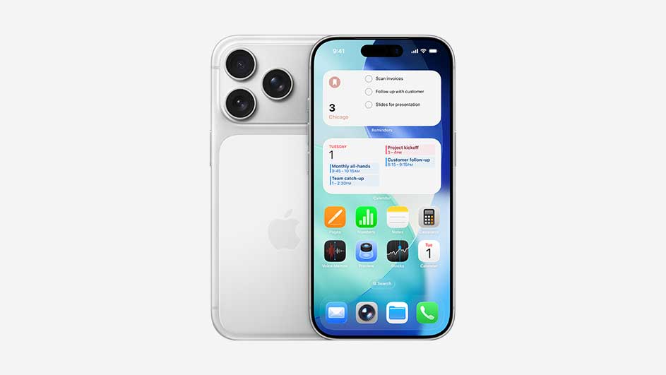 White iPhone shown front and back, featuring triple camera array and home screen filled with widgets, calendar glance and productivity apps.