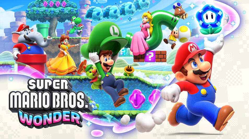 Image du jeu Super Mario Bros. Wonder avec Mario, Luigi, Peach et Daisy sur un fond de paysage coloré.
