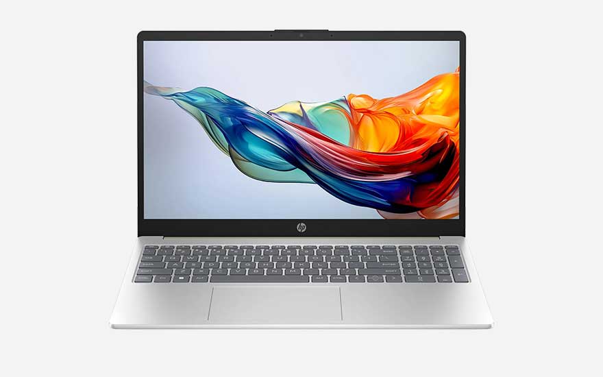 Zilveren HP laptop op lichte achtergrond, scherm gevuld met een kleurrijke vloeiende verfstrook in blauw, groen, geel en oranje tinten.