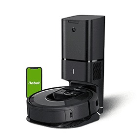 Robot aspirateur noir avec station de charge et application smartphone sur fond blanc.