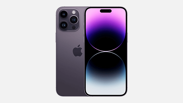 Un iPhone violet est présenté de dos avec trois objectifs de caméra, et de face avec un écran violet et noir.