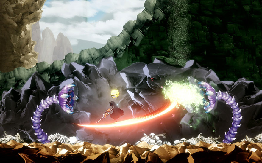 Un combat de boss épique dans une grotte avec des tentacules violets et un héros brandissant une épée orange brillante contre un ennemi géant.