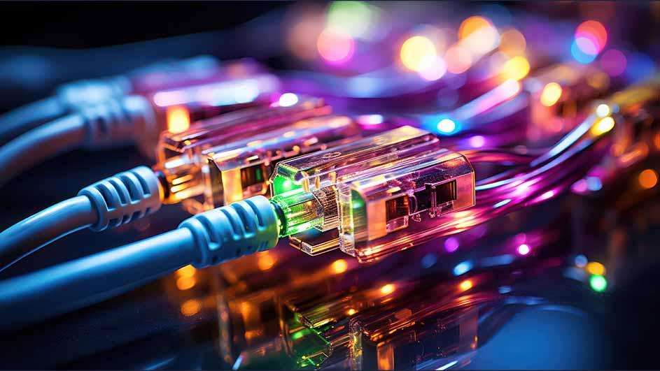 Gros plan de câbles Ethernet bleus avec connecteurs transparents. Lumières colorées floues en arrière-plan.
