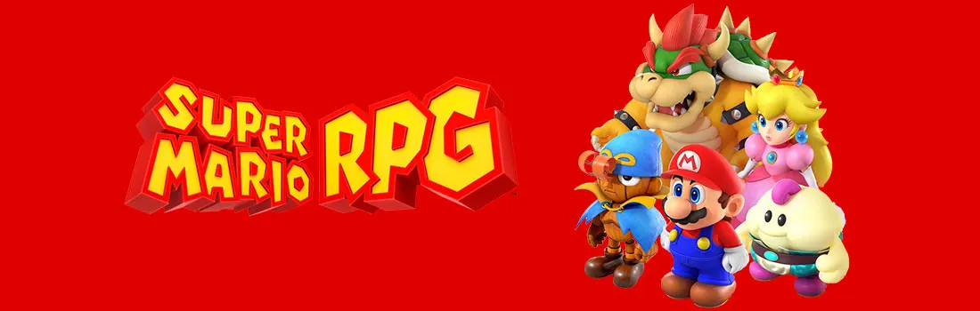 Rode achtergrond met "Super Mario RPG" logo links, figuren uit de game rechts: Bowser, Mario, Peach en andere.