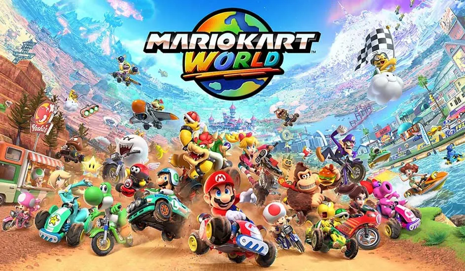 Een kleurrijke afbeelding van 'Mario Kart World' met karts en figuren op diverse circuits.