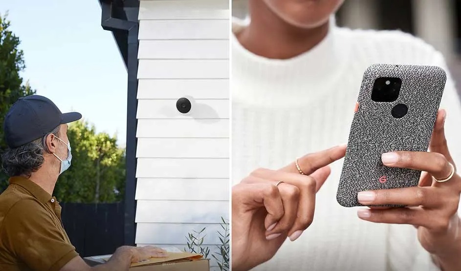 Een man met pakket staat bij een huis met beveiligingscamera, een vrouw bekijkt beelden op haar Google Pixel-telefoon. Merk: Google.
