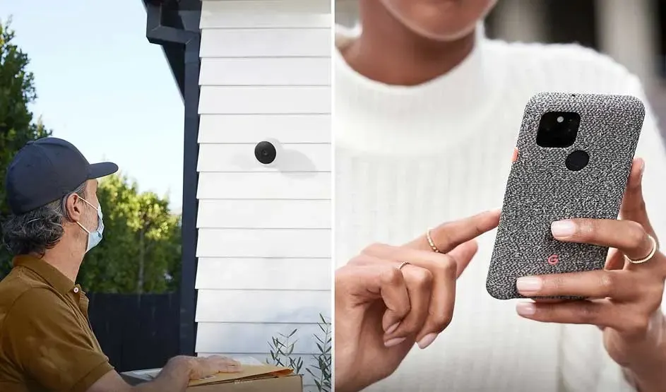 Een man met pakket staat bij een huis met beveiligingscamera, een vrouw bekijkt beelden op haar Google Pixel-telefoon. Merk: Google.