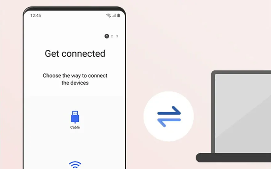Un smartphone affiche "Connectez-vous". Un symbole de câble bleu est visible. Un ordinateur portable gris est à droite, avec des flèches bleues.