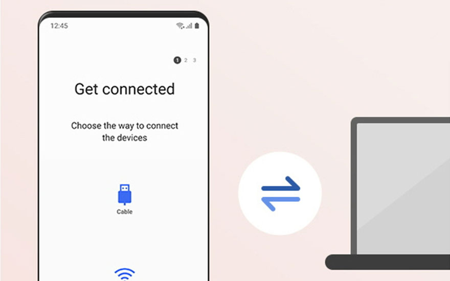 Un smartphone affiche "Connectez-vous". Un symbole de câble bleu est visible. Un ordinateur portable gris est à droite, avec des flèches bleues.
