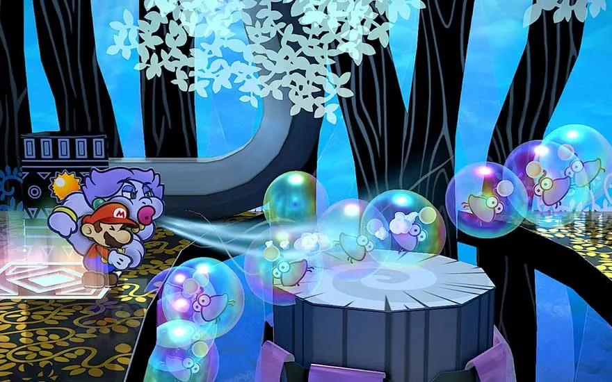 Un paysage de jeu vidéo bleu clair avec des arbres noirs, des bulles transparentes et une plate-forme grise.
