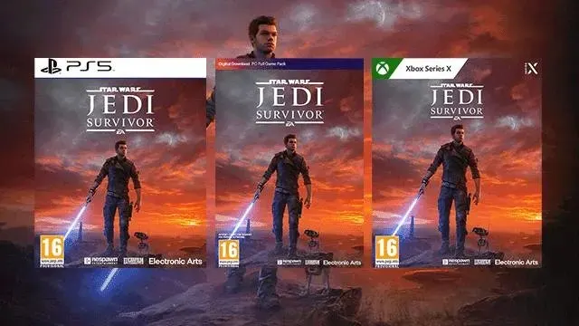 Drie gamehoezen van 'Star Wars Jedi: Survivor' voor PS5 en Xbox Series X, met een personage met een lichtzwaard tegen een rode lucht.