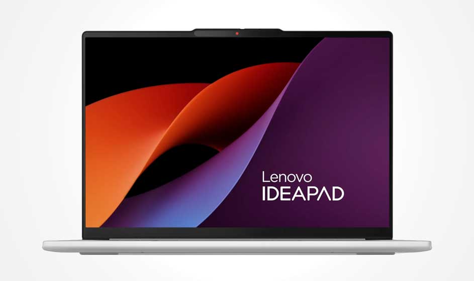 Een grijze Lenovo IdeaPad-laptop staat open op een lichte achtergrond, met een rood, paars en zwart abstract beeld op het scherm.