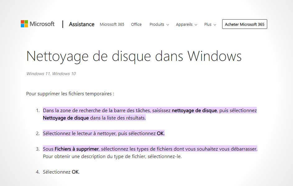 Page web Microsoft avec instructions pour le nettoyage de disque sous Windows. Texte noir sur fond blanc.