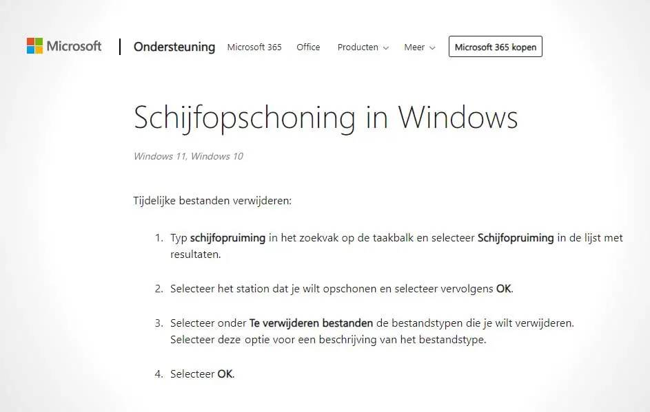 De pagina toont instructies voor schijfopruiming in Windows 11 en 10, met een Microsoft-logo bovenaan.