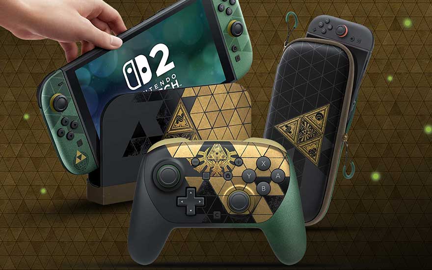 Une Nintendo Switch 2 verte, une manette et une housse de protection sont présentées ensemble, décorées de motifs dorés de la Triforce.