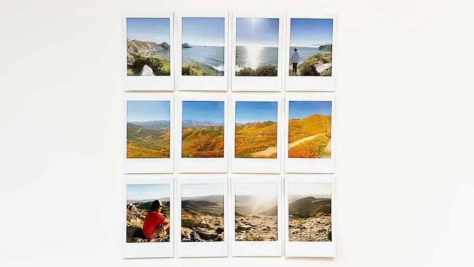 Twelve instant photos in a grid on a white wall. They feature landscapes with mountains, sky, and ocean views.