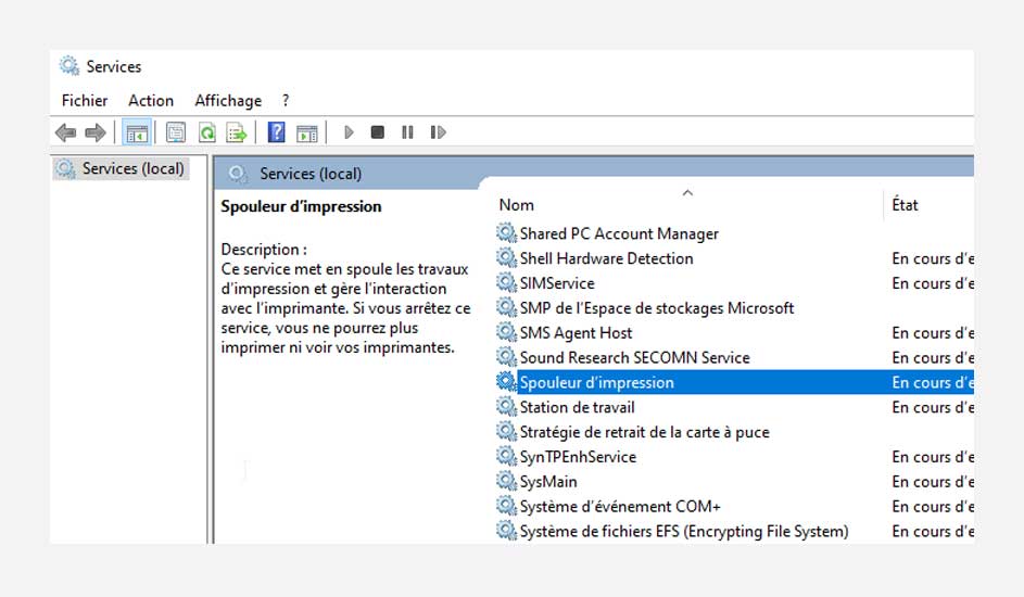 Une fenêtre affiche les services Windows. Le service sélectionné est "Spouleur d'impression", avec une description.
