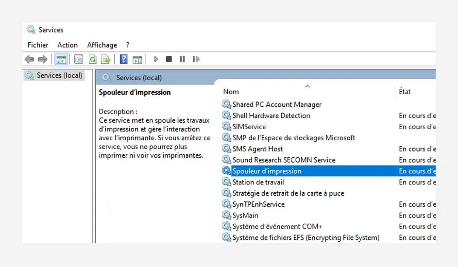 Une fenêtre affiche les services Windows. Le service sélectionné est "Spouleur d'impression", avec une description.
