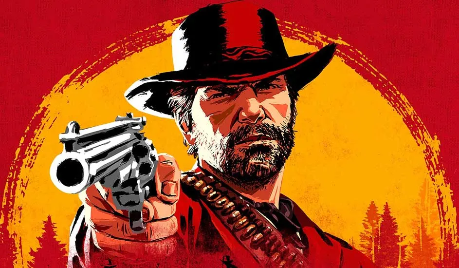 Dit is een videogame. Een cowboy in zwart hoed en rode jas richt een revolver, met een gele zon en rode achtergrond vol bomen.