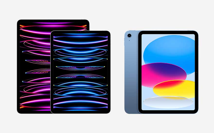 Trois tablettes numériques sur fond blanc. Les écrans affichent des motifs colorés abstraits.