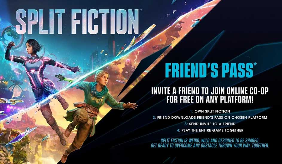 Affiche du jeu Split Fiction. Le texte bleu annonce le "Friend's Pass" sur fond noir, avec des personnages colorés en action.