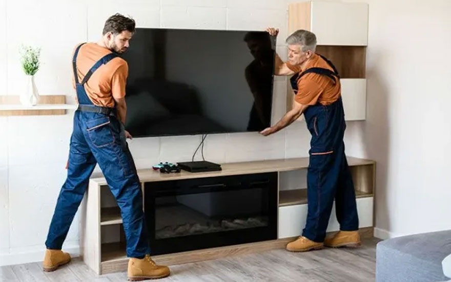 Deux hommes en salopette bleue installent une télévision noire au-dessus d'un meuble TV beige.