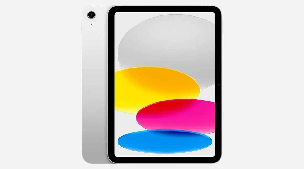 Witte tablet met zwart scherm toont overlappende grijze, gele, roze en blauwe ovale vormen op een witte achtergrond.