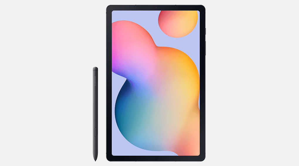 Une tablette noire avec un écran coloré et un stylet sur fond blanc.