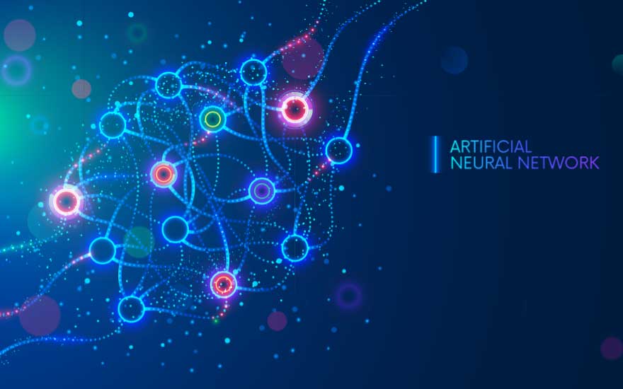 Een blauwe achtergrond toont een blauw netwerk met cirkels en verbindingslijnen, en de tekst "ARTIFICIAL NEURAL NETWORK".