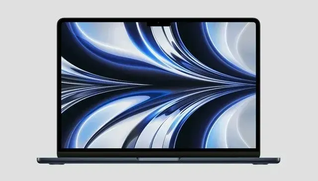 Een blauwe laptop met een scherm dat een abstract blauw en wit ontwerp weergeeft tegen een lichtgrijze achtergrond.