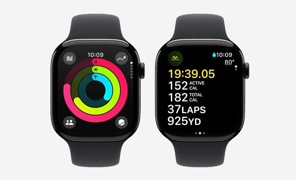 Twee zwarte smartwatches tonen verschillende schermen tegen een witte achtergrond. De linker toont activiteitscirkels, de rechter trainingsgegevens.