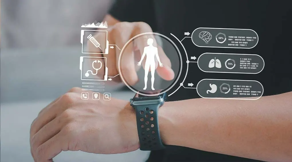 Een man draagt een smartwatch met medische data-interfaces: hersenen, longen, maag en een volledig lichaam.